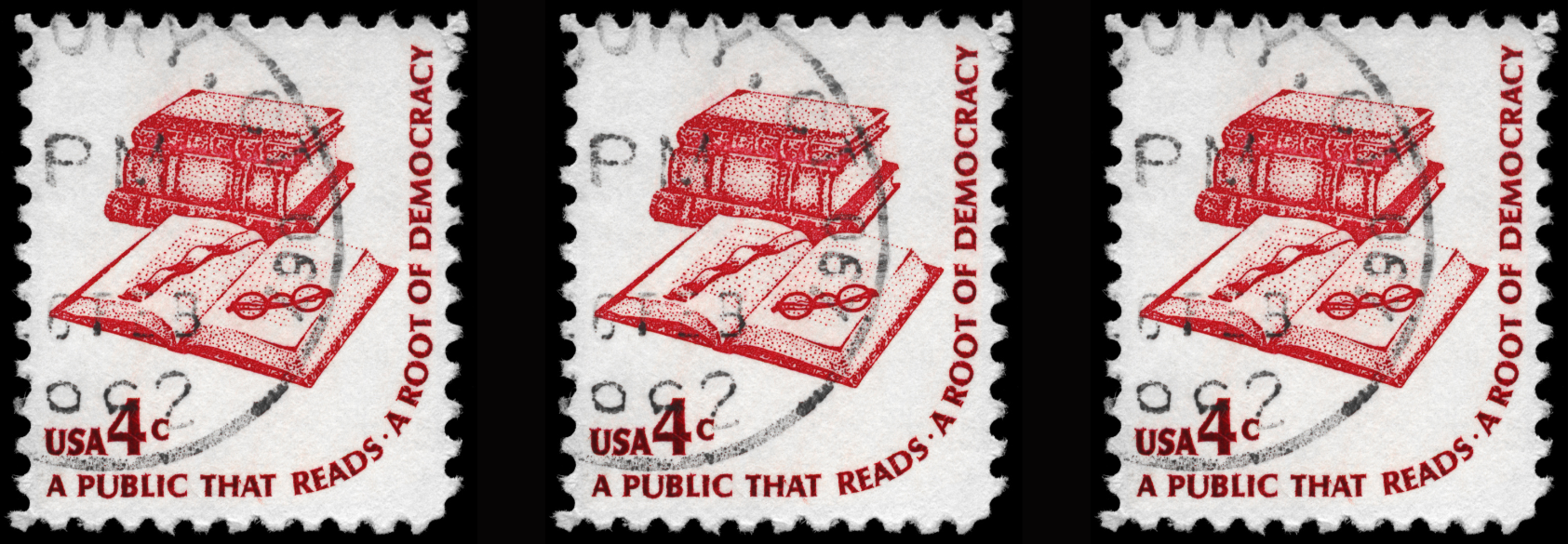1960s U.S. postage stamp reading “A Public That Reads, A Root of Democracy” featuring stacked books and an open book, 4-cent USA stamp.