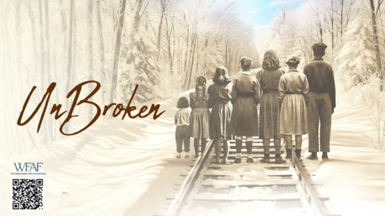 Promotional image for the film UnBroken. A group of children and one adult are shown from behind, standing on snow-covered railroad tracks in a winter forest. Bare trees line the tracks, and the scene is rendered in soft, muted tones. The film title ‘UnBroken’ appears in script on the left, with the WFAF logo and a QR code in the lower-left corner.